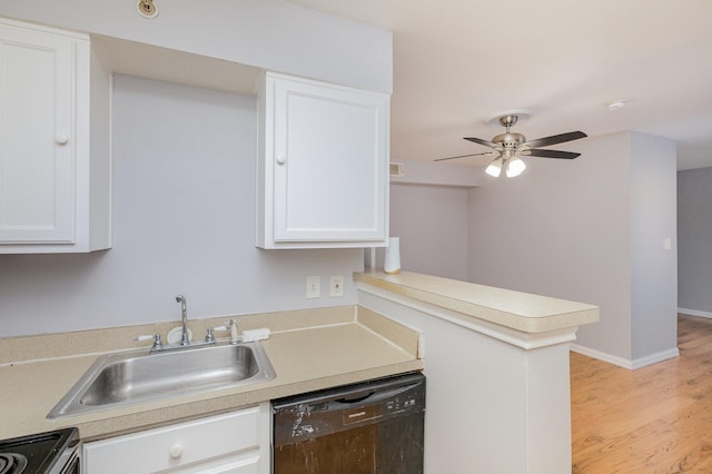 kitchen featuring dishwasher, white cabinetry, sink, and kitchen peninsula