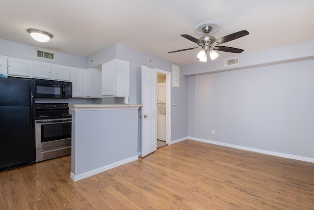 kitchen featuring black appliances, ceiling fan, light hardwood / wood-style floors, and white cabinetry