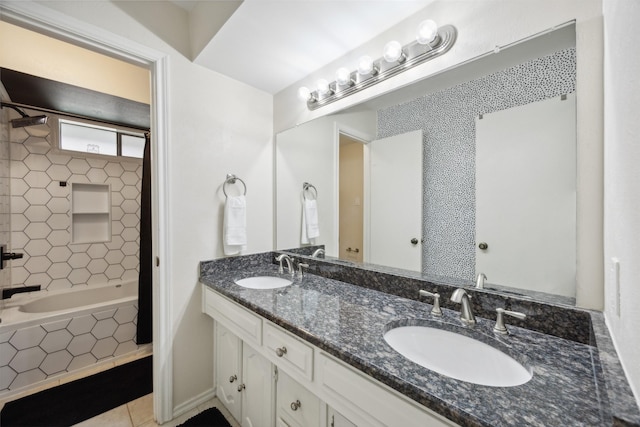 bathroom featuring tile patterned floors, vanity, and shower / bathtub combination with curtain