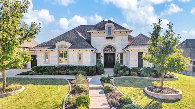 french country style house with a front yard