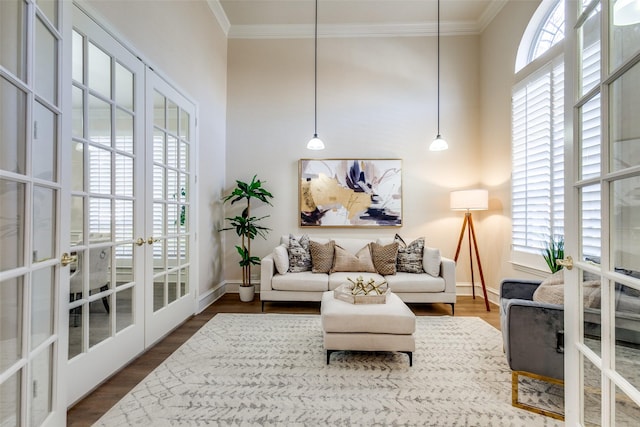 living room featuring french doors, dark hardwood / wood-style floors, crown molding, and a high ceiling