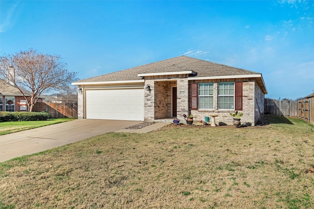 single story home featuring brick siding, concrete driveway, a front yard, fence, and a garage