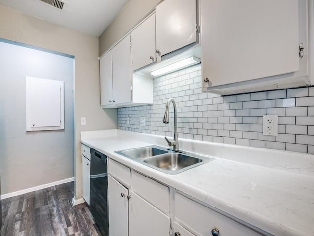 1122 Millview Dr Unit 1006, Arlington, TX 76012 - kitchen featuring white cabinets, dishwasher, a sink, dark wood-type flooring, and decorative backsplash