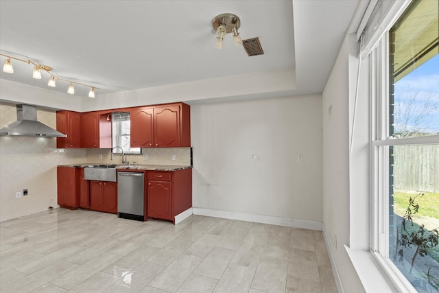 kitchen featuring tasteful backsplash, sink, dishwasher, and wall chimney exhaust hood