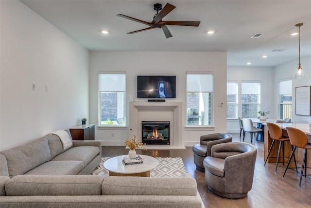 living room with ceiling fan, a healthy amount of sunlight, and light hardwood / wood-style flooring