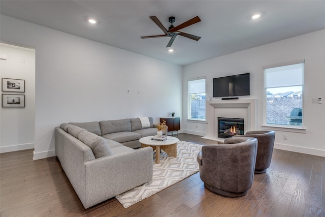 living room with hardwood / wood-style flooring and ceiling fan