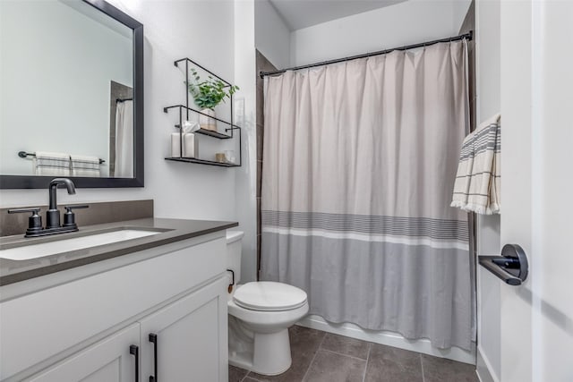 full bathroom with vanity, shower / bath combo, tile patterned floors, and toilet