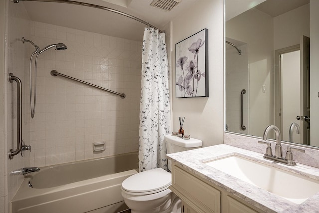 full bath with toilet, shower / bathtub combination with curtain, visible vents, and vanity