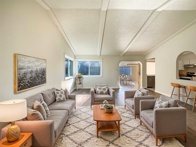 living room with hardwood / wood-style flooring, lofted ceiling, and a textured ceiling