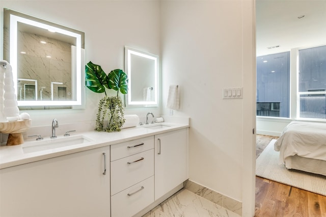 bathroom with hardwood / wood-style floors and vanity