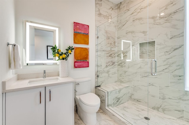 full bathroom with toilet, a stall shower, marble finish floor, and vanity