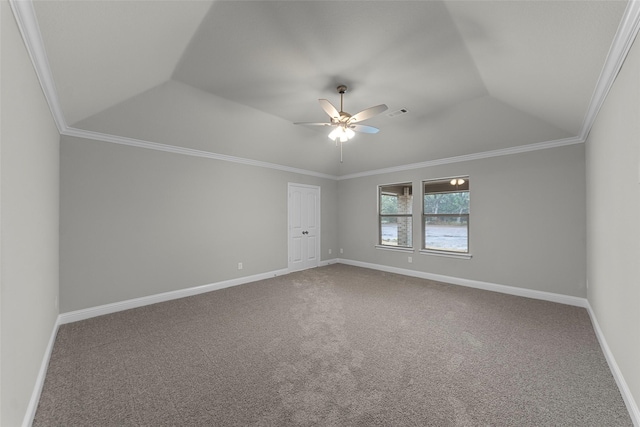 spare room featuring carpet flooring, a raised ceiling, ceiling fan, and crown molding