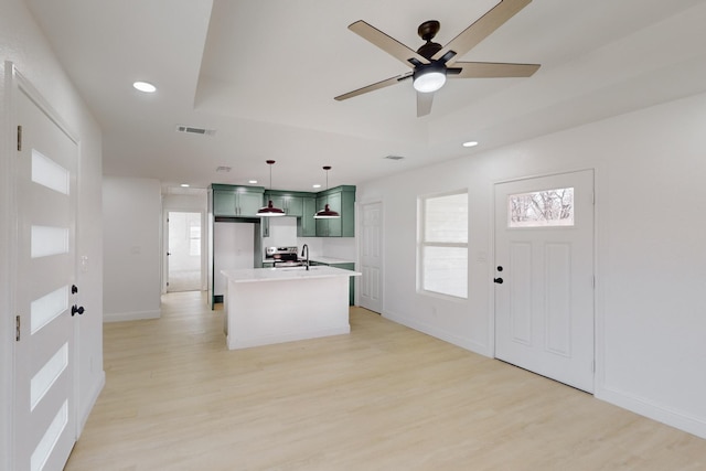 kitchen with ceiling fan, a raised ceiling, light wood-type flooring, and sink