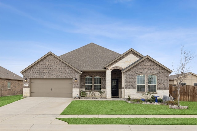 view of front of home with a garage and a front lawn