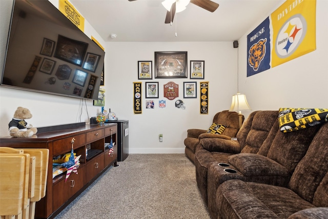 living room with light carpet and ceiling fan