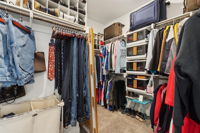 spacious closet featuring light colored carpet