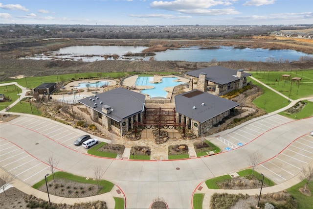 aerial view featuring a water view