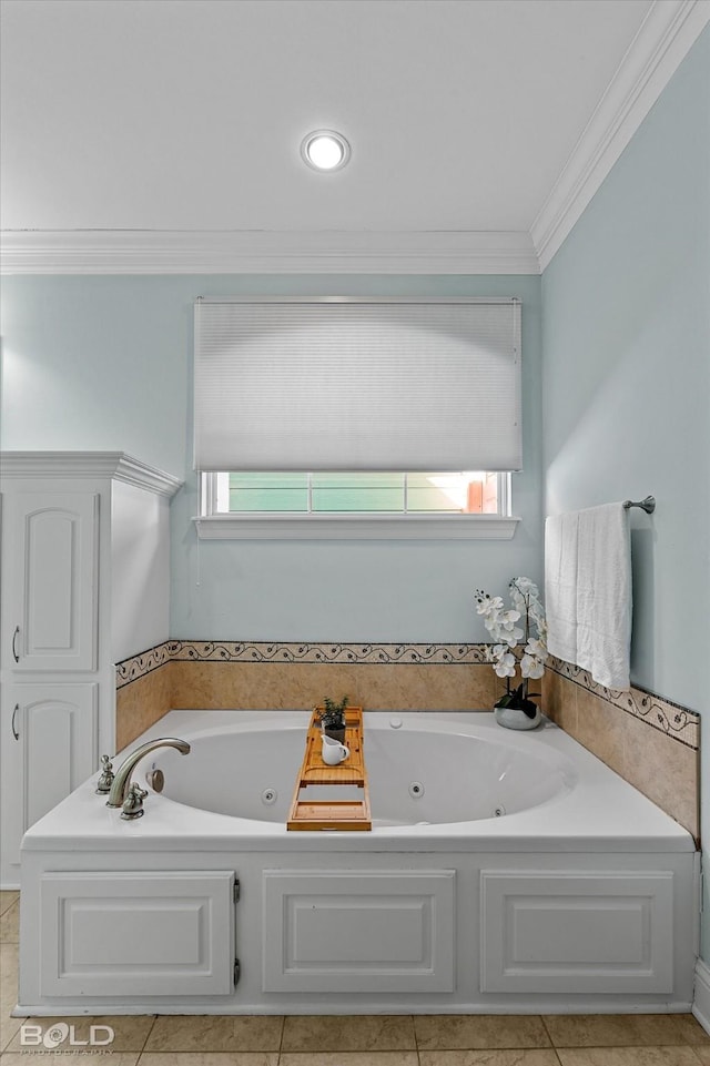 bathroom featuring crown molding and a bath