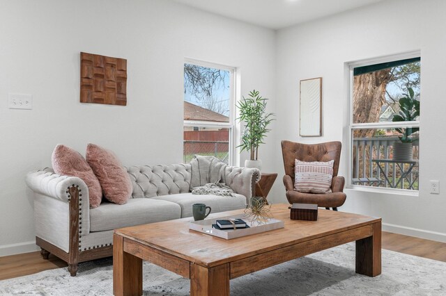 living room with ceiling fan and light wood-type flooring