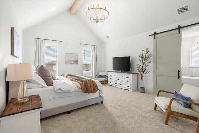 bedroom featuring a barn door, beamed ceiling, high vaulted ceiling, a chandelier, and light carpet