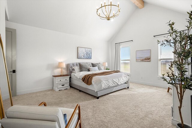 bedroom featuring light carpet, beam ceiling, a chandelier, and high vaulted ceiling