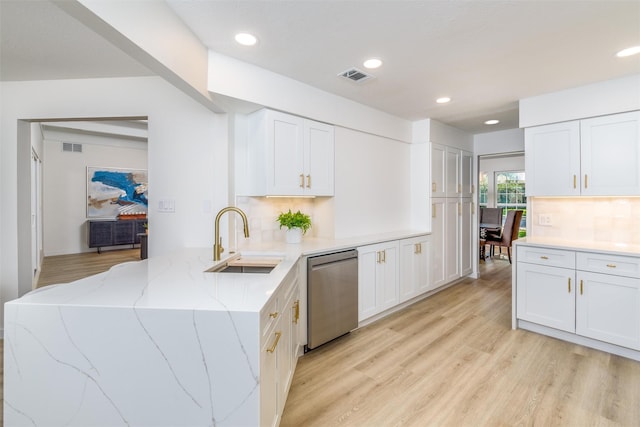 kitchen with white cabinets, backsplash, stainless steel dishwasher, and sink