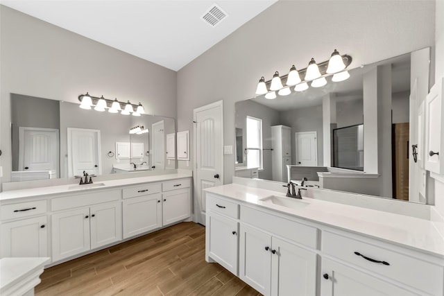 bathroom with vanity and a shower with shower door