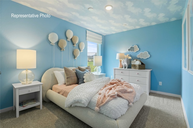 bedroom featuring light colored carpet