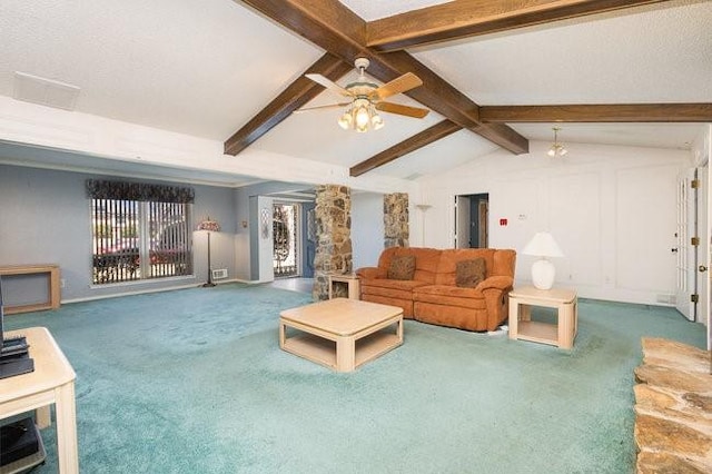 living room featuring vaulted ceiling with beams, ceiling fan, and carpet flooring