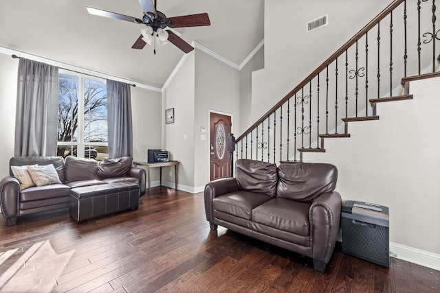 living room with ceiling fan, dark hardwood / wood-style floors, ornamental molding, and high vaulted ceiling