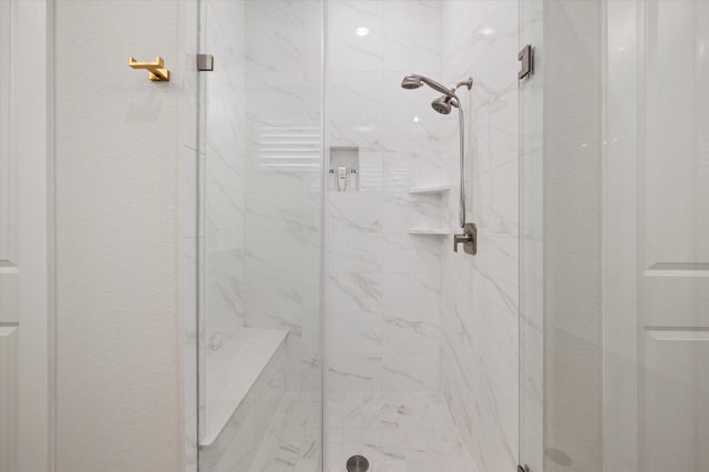 bathroom featuring a shower with shower door