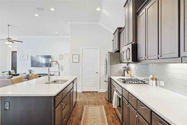 kitchen with a kitchen island with sink, sink, crown molding, ceiling fan, and appliances with stainless steel finishes