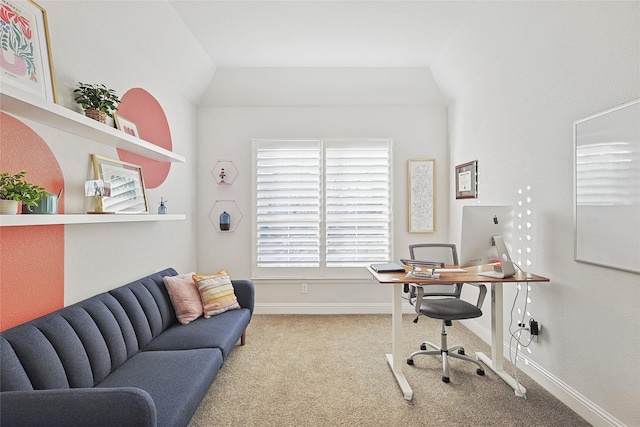 office space featuring carpet and lofted ceiling