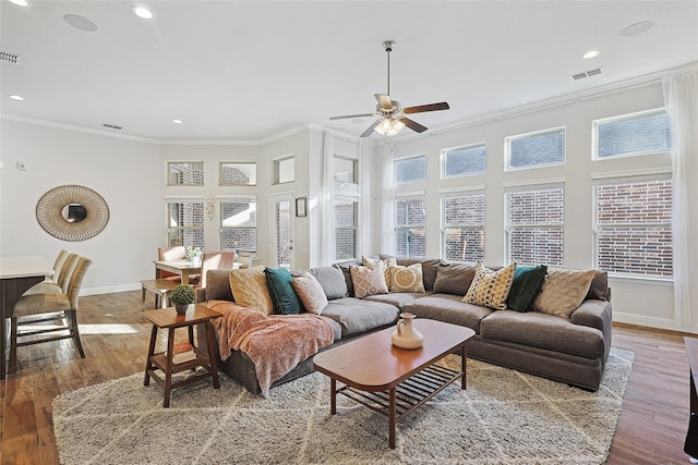 living room featuring wood-type flooring, crown molding, and a wealth of natural light