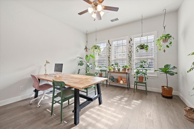 dining room featuring ceiling fan and wood-type flooring