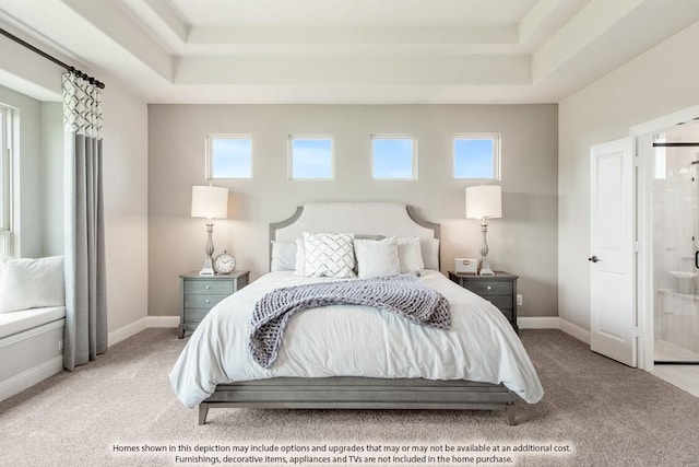 bedroom featuring a raised ceiling and light carpet