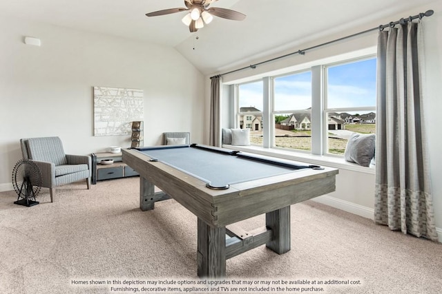 game room featuring lofted ceiling, light colored carpet, ceiling fan, and billiards