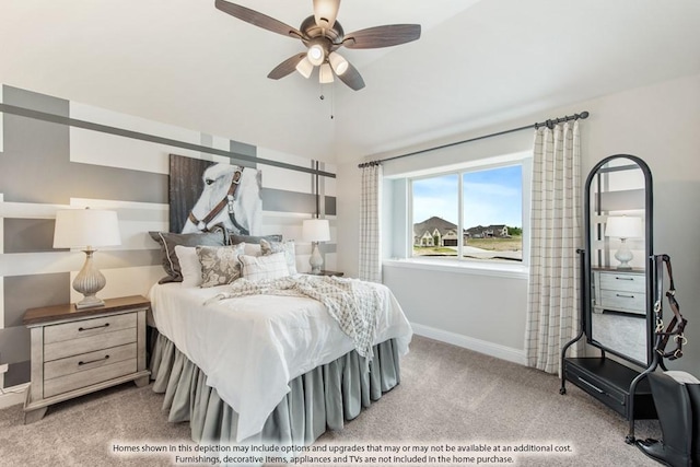 bedroom with light colored carpet and ceiling fan