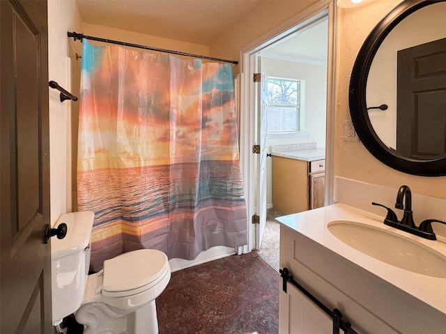 full bathroom with ornamental molding, shower / tub combo with curtain, vanity, and toilet