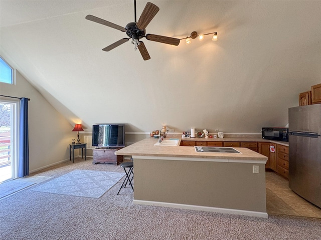 interior space with vaulted ceiling, sink, and ceiling fan