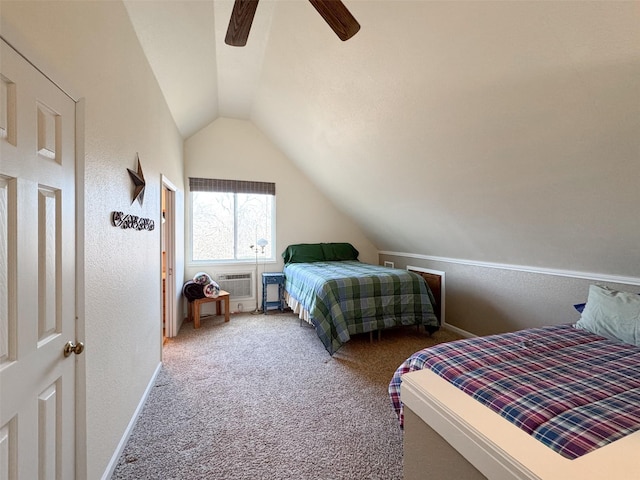 carpeted bedroom with vaulted ceiling, an AC wall unit, and ceiling fan