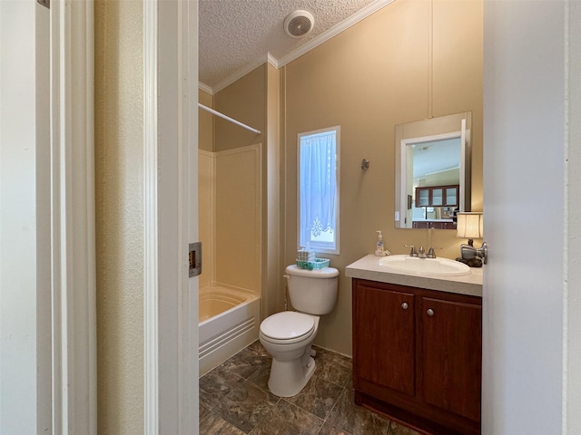 full bathroom with shower / bath combination, vanity, toilet, crown molding, and a textured ceiling