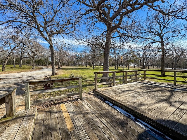 wooden deck featuring a lawn