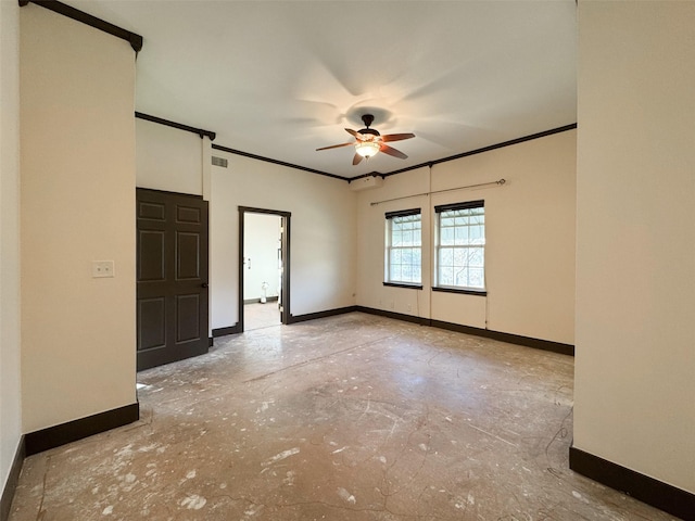 unfurnished room with ornamental molding and ceiling fan