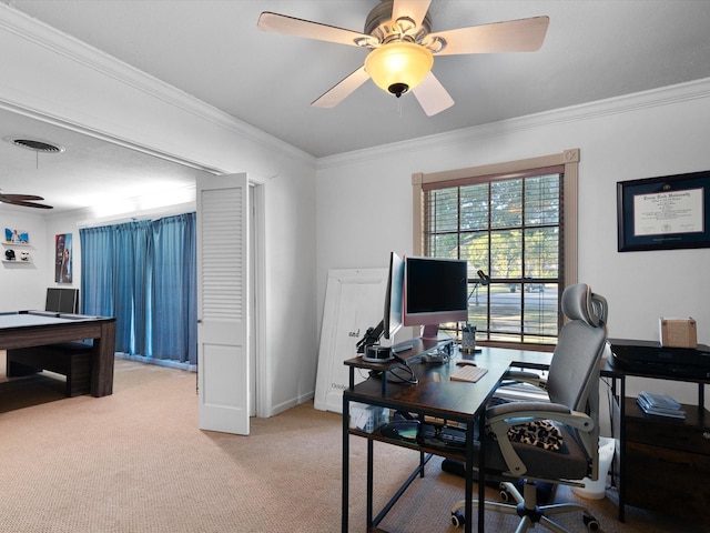 home office featuring ceiling fan, light carpet, billiards, and ornamental molding