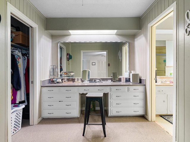 bathroom with wood walls, vanity, and a textured ceiling