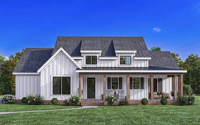 modern farmhouse with a front yard and a porch