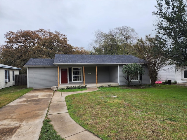 single story home with a front lawn and a porch