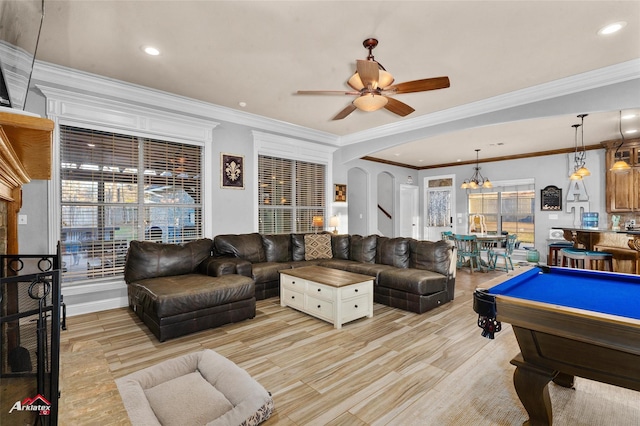 playroom featuring ceiling fan, crown molding, and billiards