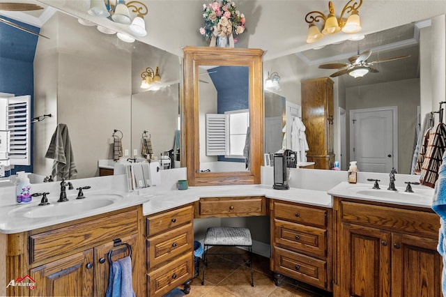 bathroom with tile patterned floors, ceiling fan, and vanity